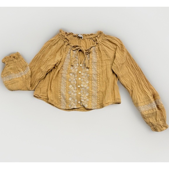 American Eagle Outfitters Tops - American Eagle Boho Spring Top Sz M Mustard Tassels Lace Eyelet Cropped Festival
